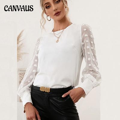 Spring Autumn Woman's Blouse Tops Round Neck Solid Color T-shirt Jacquard Polka Dot Long Sleeve Shirt