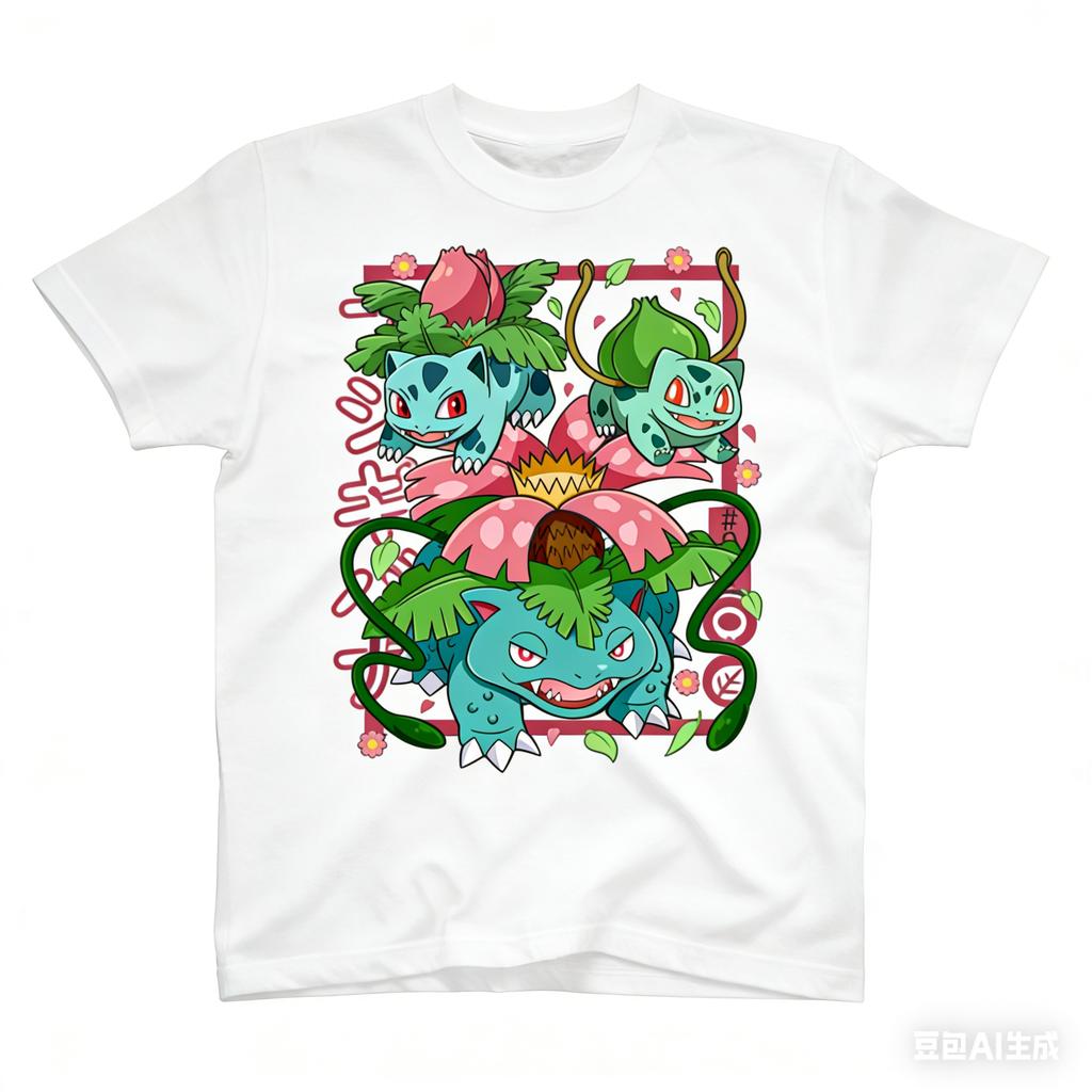 Pokémon Bisasam Entwicklung Bedrucktes Reines Baumwoll-T-Shirt für Herren und Damen FrühlingSommer Neue Kollektion Modisches Kurzarmhemd