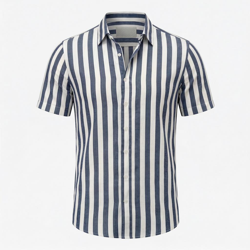 Men's Linen Short Sleeve Shirt Striped Button Down Casual Lightweight Breathable Open Front Collared Top for Summer Daily Wear