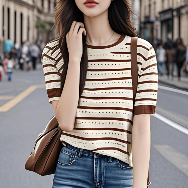 Kurzärmiges T-Shirt für Damen im Sommer mit Color-Blocking-Streifen, ausgehalsenem Rundhalsausschnitt, lockerem und vielseitigem Strickshirt für Damen