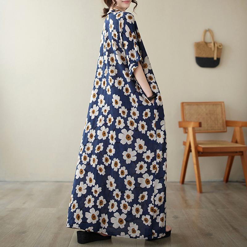 DIMANAF 2024 Plus Size Dress Women Summer V-Neck Sundress Bohemian Floral Print Loose Big Oversize Maxi Dress 9048