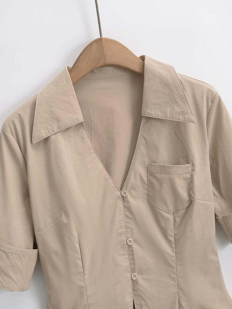 White V-Neck Slim-Fit Women's Sexy Short-Sleeved Shirt