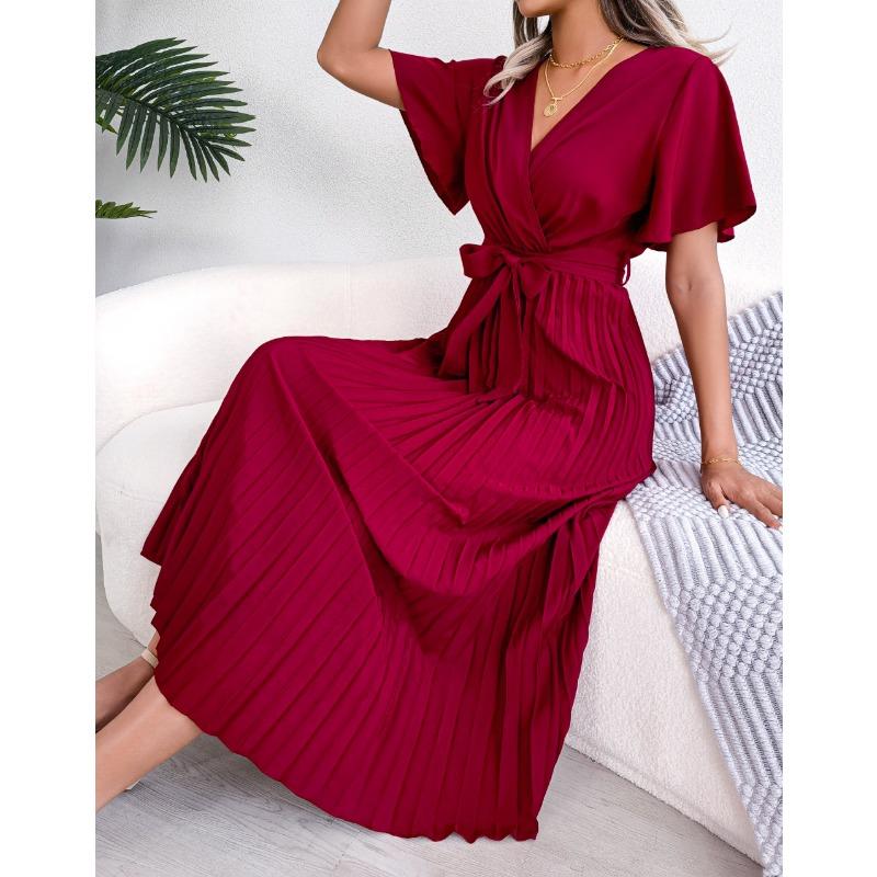 Mode V-Ausschnitt Damen Sommerkleid Kurzarm Lässig Schlicht Einfarbig Plissiert Schnürung Party A-Linien-Kleider Damen Elegante Kleidung