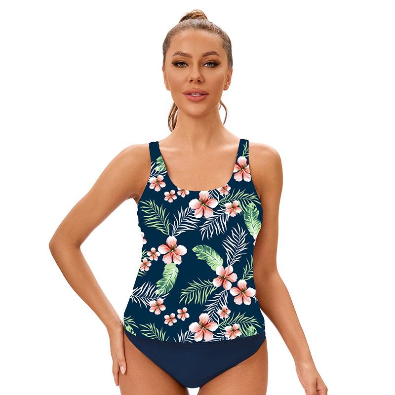 Women Two Piece Swimwear Set Nylon Floral Print Tankini Top Bikini Bottom