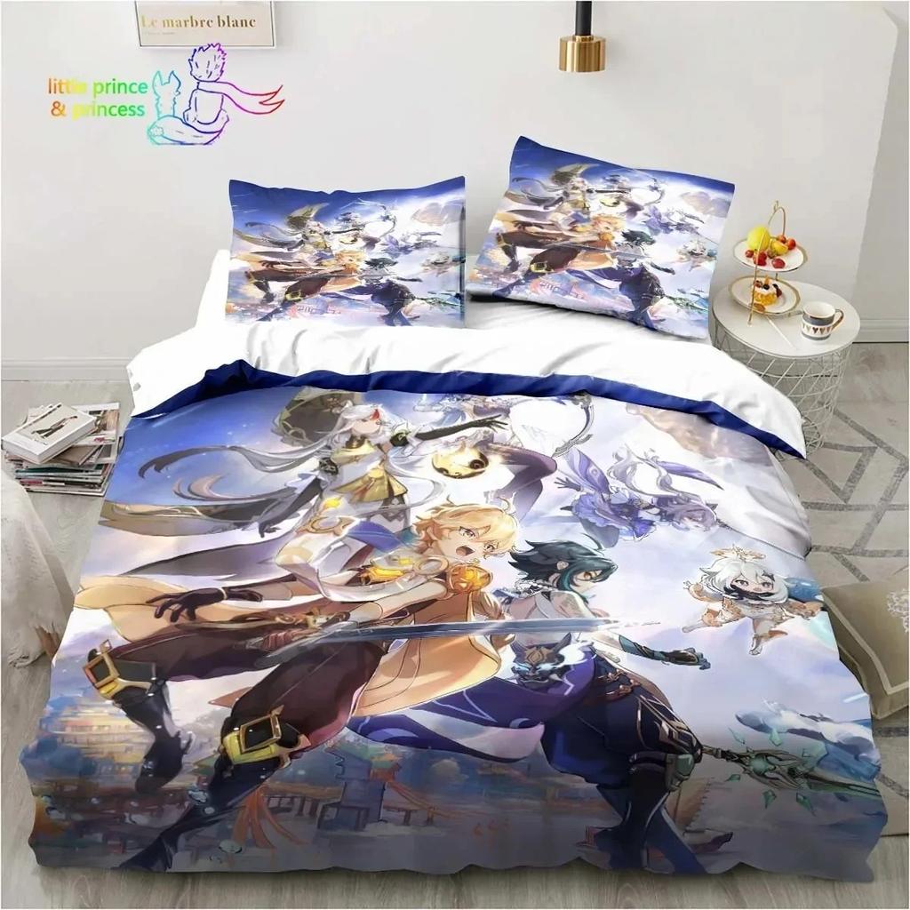 Genshin Impact  Anime Printed Bedding Set Single Twin Full Queen King Size Bed Set Adult Kid Bedroom Bedding Gift