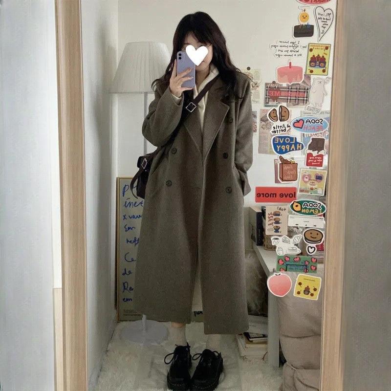 Women's Korean Style Black Woolen Coat Woolen Overcoat Autumn Winter Blazer Outer Wear