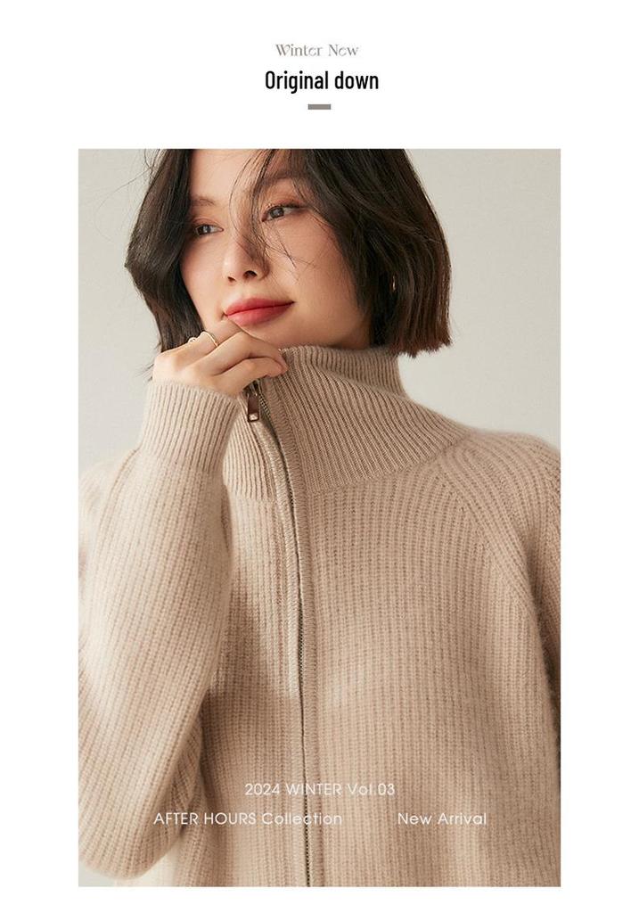 Women's Long Sleeve Cashmere Knit Zipper Cardigan - Cozy Lapel Sweater Outerwear