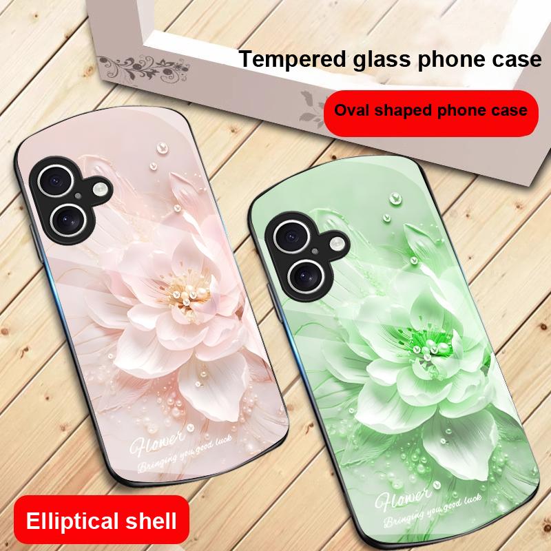 Blooming Blue Flowers For iPhone 17 16 15 14 13 Plus 12 Mini 11 Pro Max XR Xs Max X 7 8 6S 22 20 Elliptical Glass Phone Case