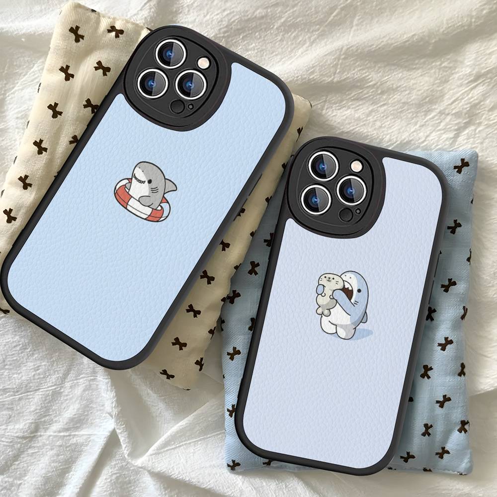 Cute anime Shark Leather Phone Case For iPhone 16 15 14 17 Pro Max 11 12 Mini Plus Soft Shell
