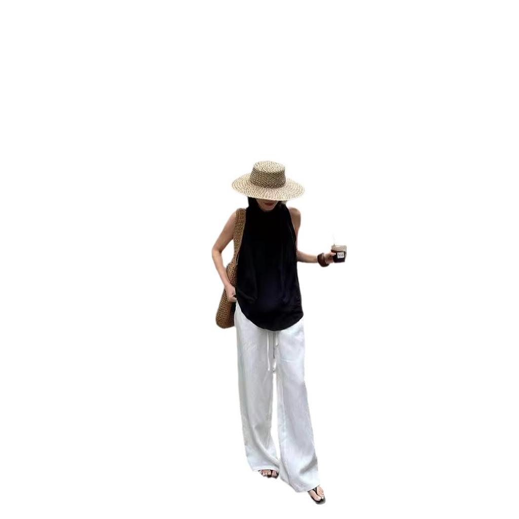 Slack Linen Wide-leg Pants Summer Loose Versatile Drawstring Straight White Casual Trousers Korean Fashion