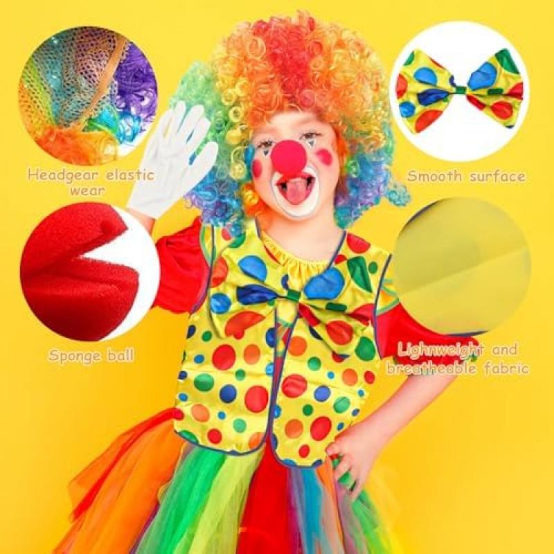 TIVUNORON Clown Costume Set, 5Pcs Clown Accessories Includes Rainbow Vest Wig Red Nose Bow Tie Gloves, Circus Carnival Cosplay Costume