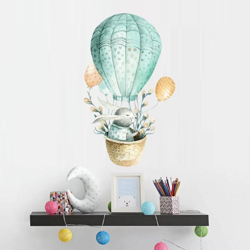 1pc Watercolor Green Rabbit Hot Air Balloon Wall Stickers for Room Bedroom Home Decor Wall Decals