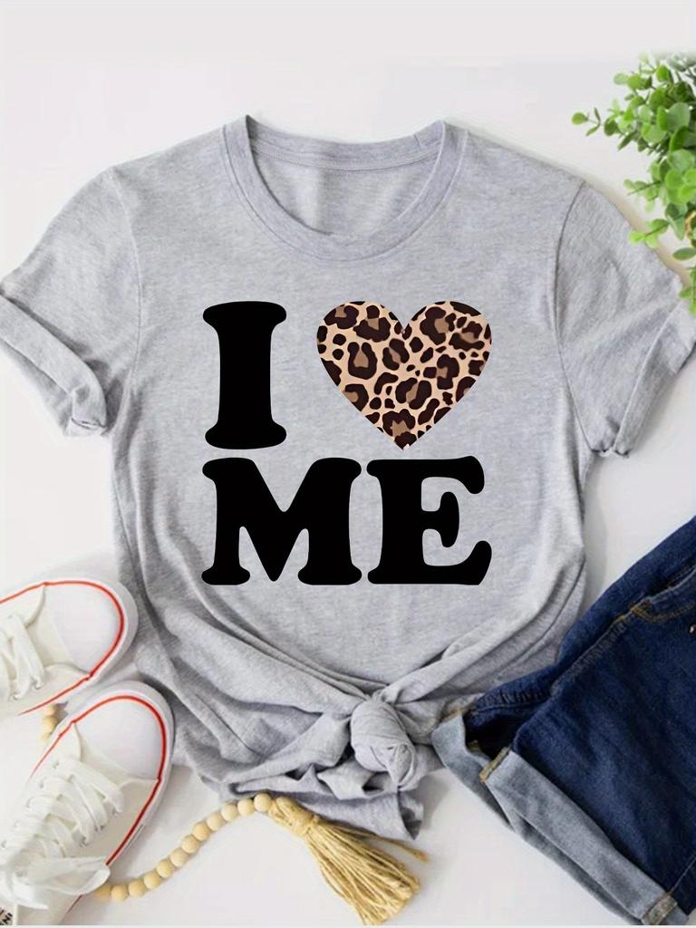 Women'S I Me Leopard Heart Print T-Shirt  Casual  Comfortable Crew Neck Short Sleeve Tee Perfect for Casual Attire Trendy Casual
