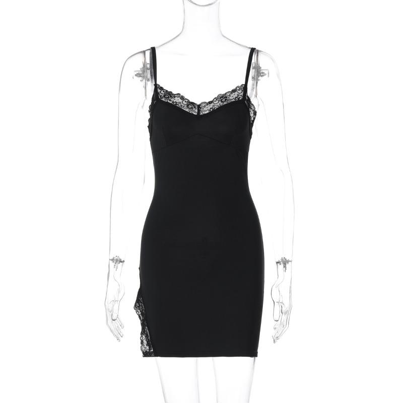 

Сексуальное женское платье с кружевным краем и бретелькой через шею без рукавов, облегающее короткое платье с разрезом L чёрный