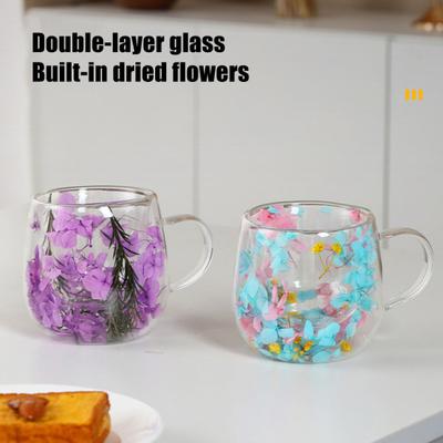 Doppelwandige Glas Tasse mit Trockenblumen Design 250ml Hitzebeständiges Borosilikatglas Tasse für Milch Kaffee Frühstück Isoliert Klar Nachmittagstee