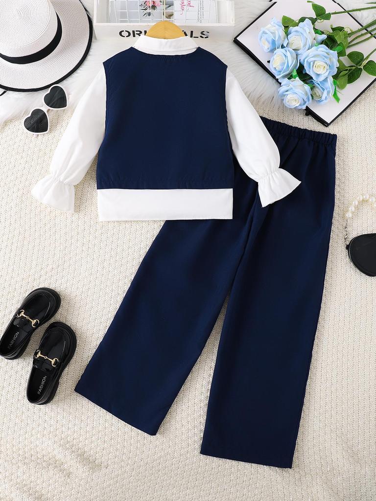 British Style Girls' Three-Piece Suit: Dark Blue Vest, White Long-Sleeve Shirt, Dress Pants