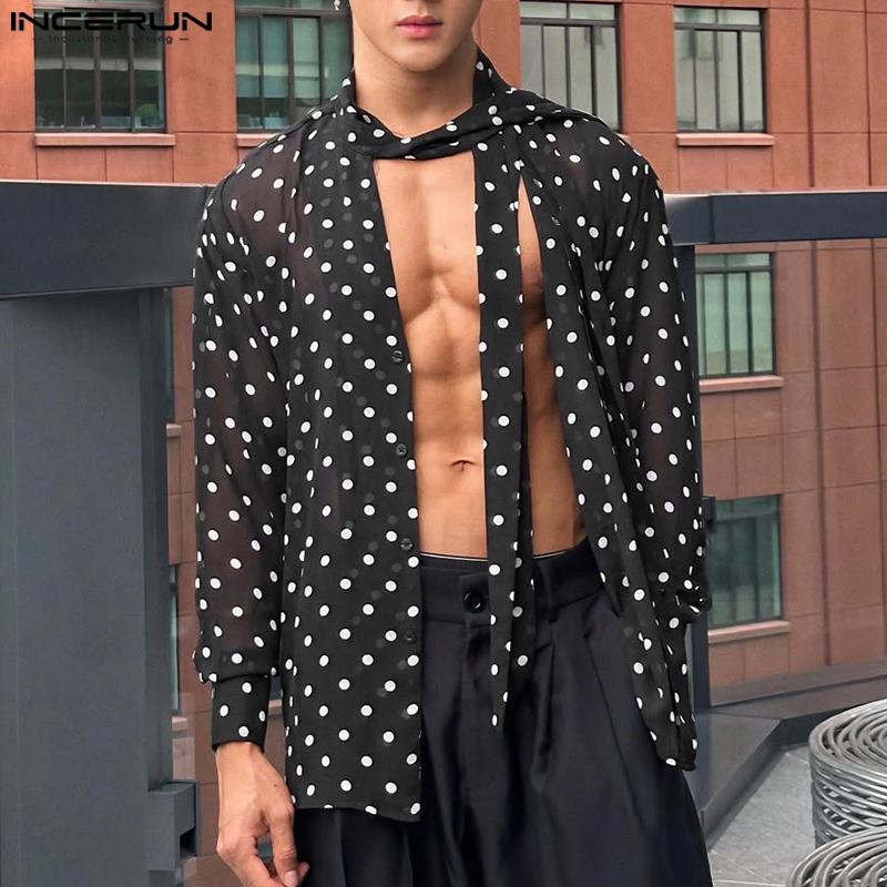

INCERUN Men Tie Up V Neck Long Sleeve Semi-Sheer Polka Dots Loose Shirts S