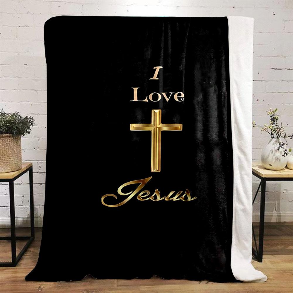 I Love Jesus Golden Cross Design Patterned flannel blanket perfect for the bedroom living room, sofa, or a little nap