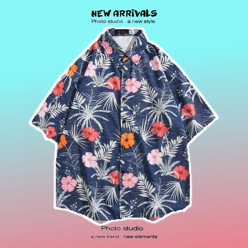 Pánská košile s krátkým rukávem v retro květinovém stylu ve stylu Hongkongu - Havajský design, Rebelská, Všestranná, Volný střih, Letní nošení, Ideální pro páry.