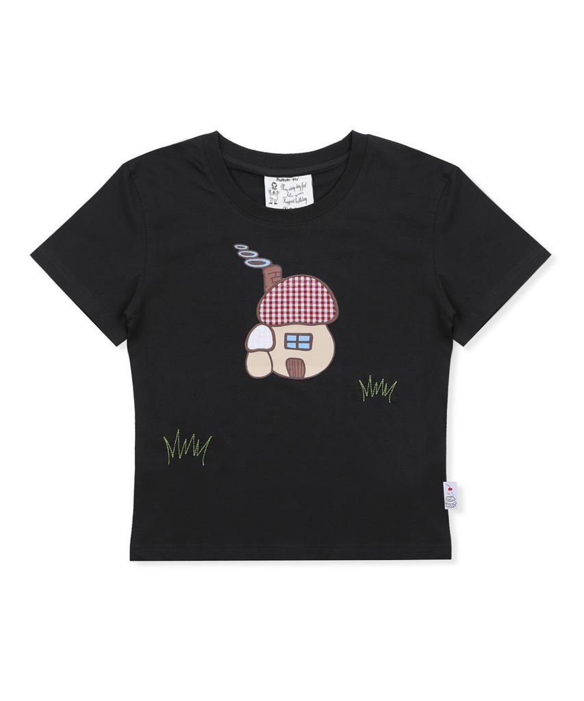 RuNaKi'Hu' Wxt076 Kinoko House Applique T-Shirt (Black)