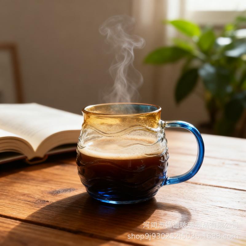 Cute Sea Stlyle 3D Wave Grain Glass Mug Coffee Milk Juice Glass Cup Heat-resistant BorosSunset Mug desktop decoration Glass Cup