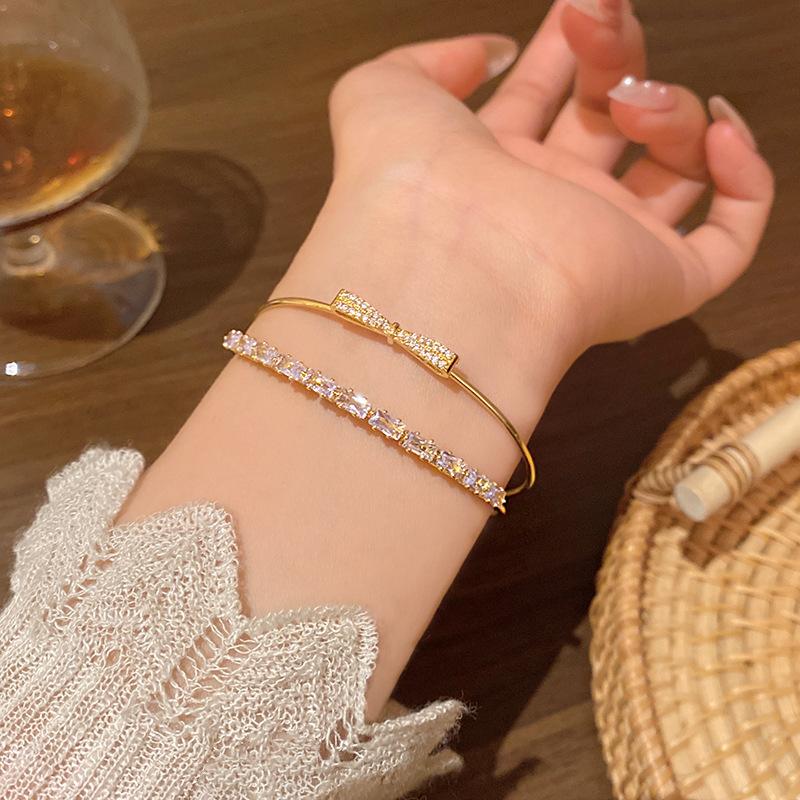 Micro-inlaid zircon bow double-layer open bracelet female flash bracelet hand