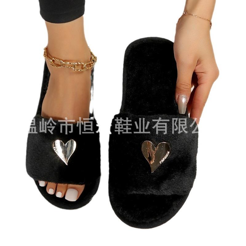 Women's Heart Shaped Flat Faux Rabbit Fur Slippers, Casual Indoor Home Footwear, Plus Size Warm Comfortable Slip On House Shoes