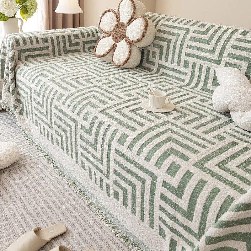 Sofabezug mit nordischem Quasten-Muster und geometrischem Muster, Chenille, universeller Couchbezug für alle vier Jahreszeiten, rutschfeste Überwurfdecke, modernes Sofatuch