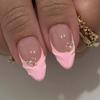 Pink French Tip Press on Nails Medium Almond Fake Nails with 3D Flower Designs Glossy Acrylic False Nails Golden Bead Artificial Glue on Nail