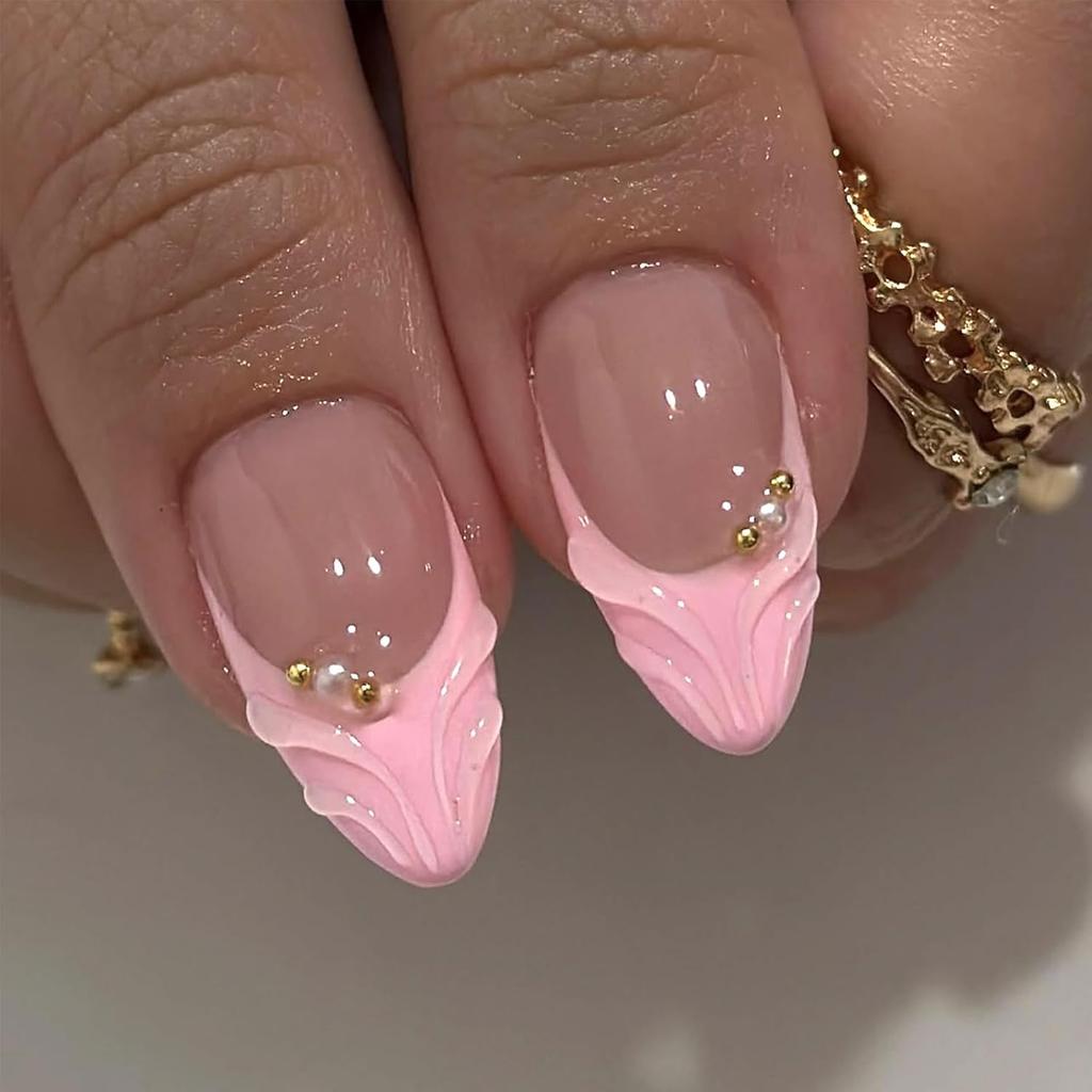 Pink French Tip Press on Nails Medium Almond Fake Nails with 3D Flower Designs Glossy Acrylic False Nails Golden Bead Artificial Glue on Nail
