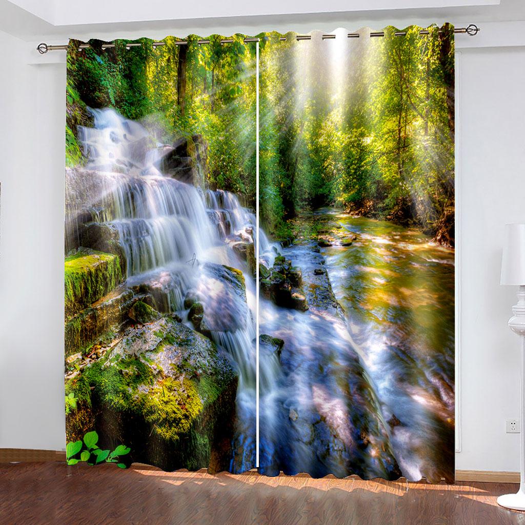 

Nice /set Summer And Spring Landscape Tree Forest River Rock Waterfall Print Pattern Curtain Digitally Printed Family Room Curtain 2x50W130H(CM)&Grommet Top