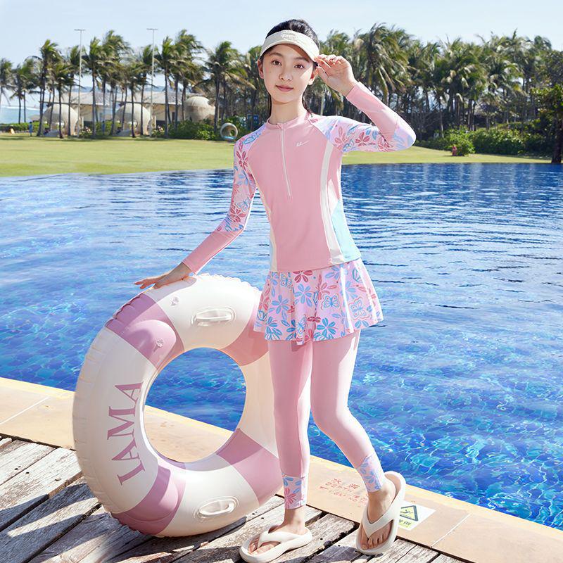 HuiLi 2025 Girls' Long-Sleeve Two-Piece Swimsuit Set for Middle School Students