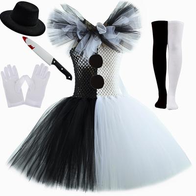 Halloween Outfit Kids Party Horror Dress Suit Girl Clown Costume With Hat, Gloves, Knife Prop Lace Puffy Dress For Girls Clothes