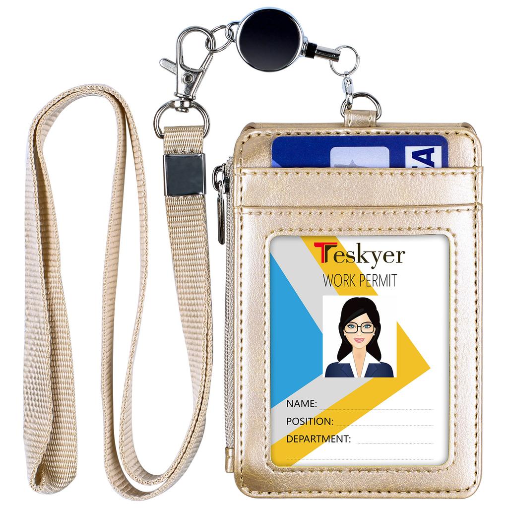Low Moq Stamping Logo Pu Leather High Capacity Portable Credit Card Holder With Zipper Lanyard Reel Retractable