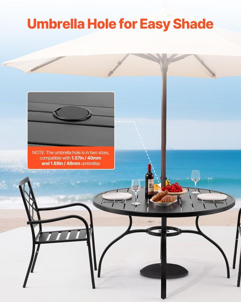 Outdoor Patio Dining Table, 120cm Round Metal Steel Slat Backyard Bistro Tables, with 38mm Umbrella Hole, Outside All-Weather Large Furniture for Lawn