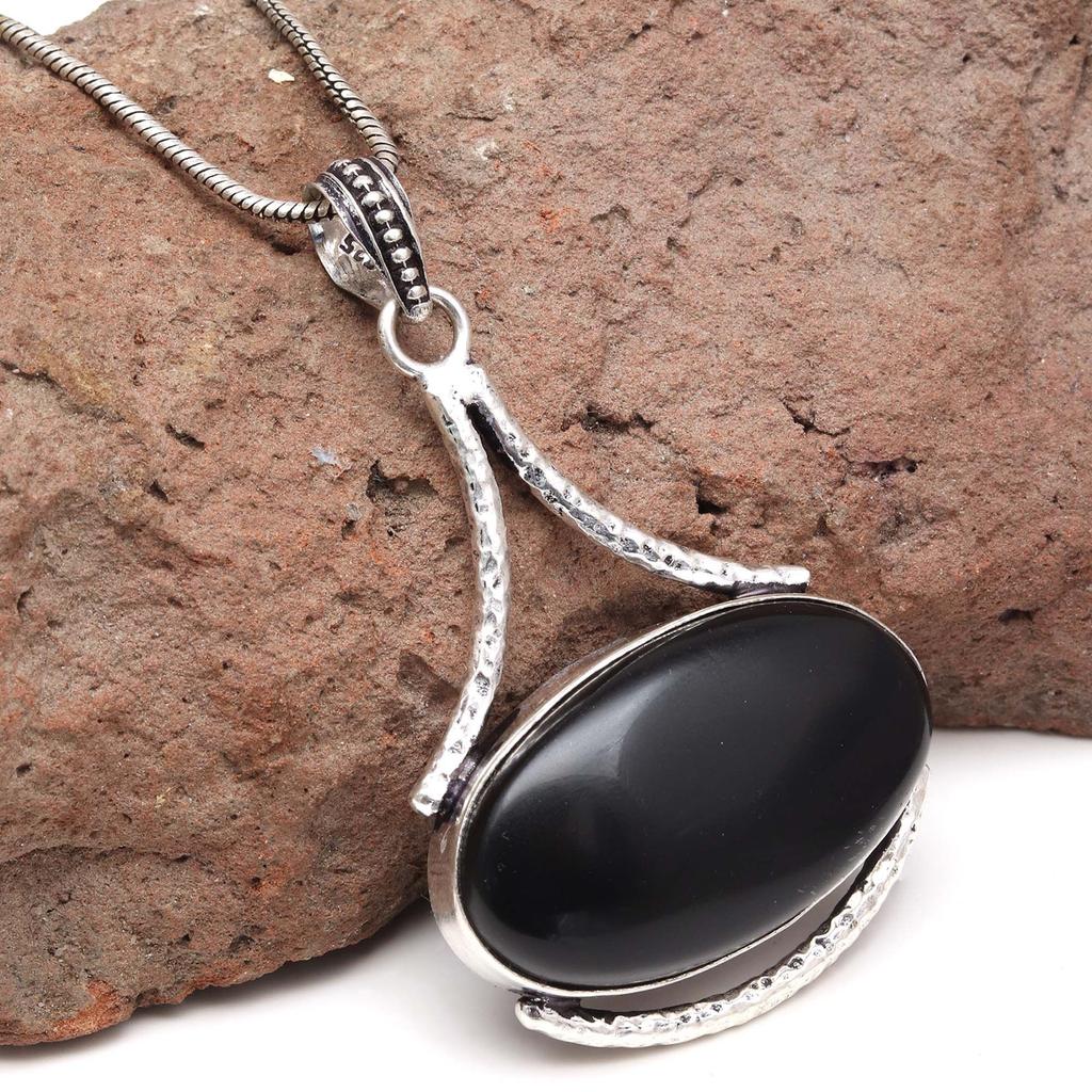 Black Spinal Gemstone Handmade Women's Unisex Silver Jewelry Pendant 2.5
