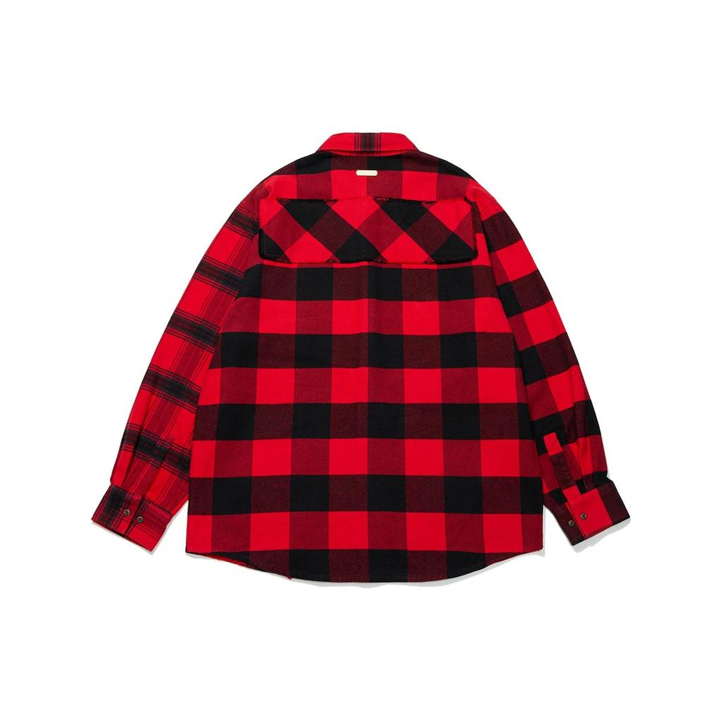 LiNing Plaid Pocket Button Lapel Loose Long Sleeve Shirt Men Tops Red ASHT001-1