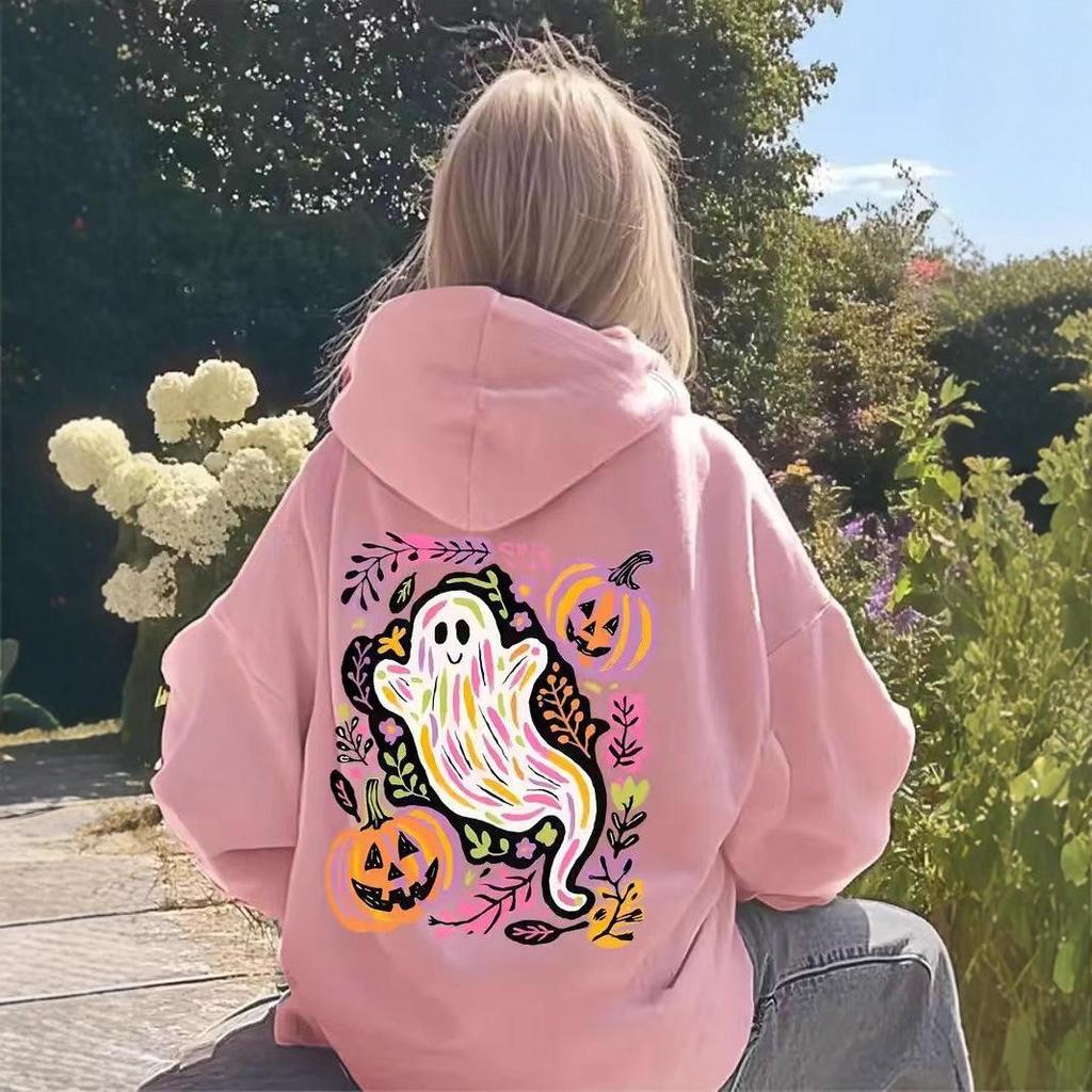 Autumn 2025 Halloween Hooded Sweatshirt - Ghost & Pumpkin Print Jacket