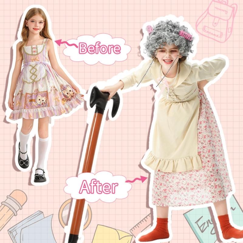10pcs Kids Old Lady Costume Set 100th Day of School Costume for Halloween Cosplay Props for Girls