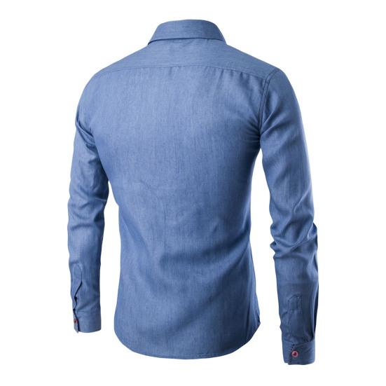 Men Shirt Solid Color Single-breasted Spring Autumn Plaid Patchwork Slim-fitting Jeans Shirt for Office