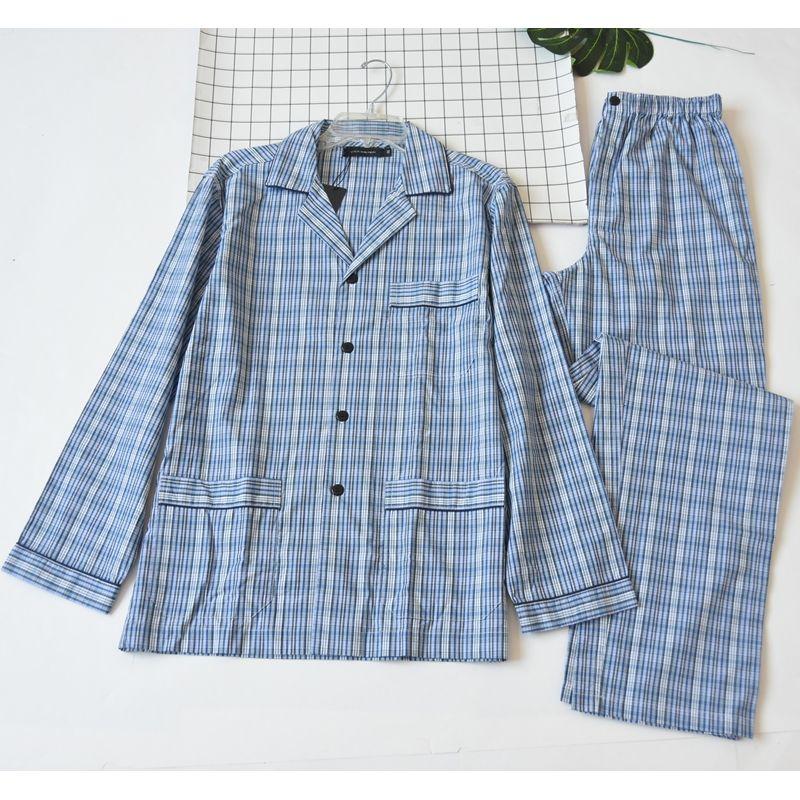 

Out of Fashion Men Woven Pure Cotton Gingham Stripes Pajamas Spring & Fall Thin Long-Sleeved Trousers Casual Homewear Suit