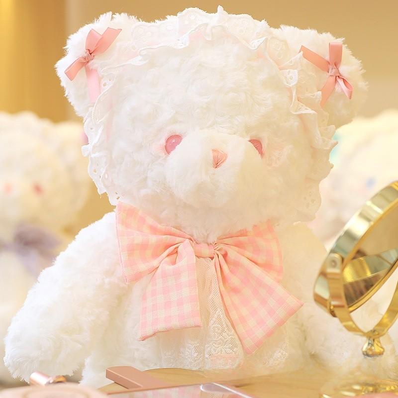 Plush Rabbit Bear Doll With Lace And Checkered Bow Decor For Girls Kids Birthday Gift And Sleep Support