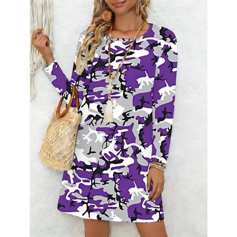 Ladies' Long Sleeved Round Neck Casual Mini Dress, 3D Retro Camouflage Printed Casual Vacation Dress