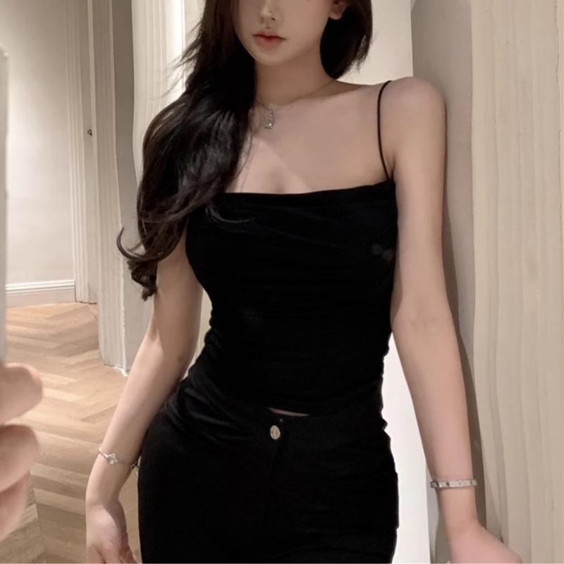 Women's Pleated Camisole Top Summer One Neck Tank Top Women's Slimming Street Top Girls' Chest Cushion Pure Desire Camis