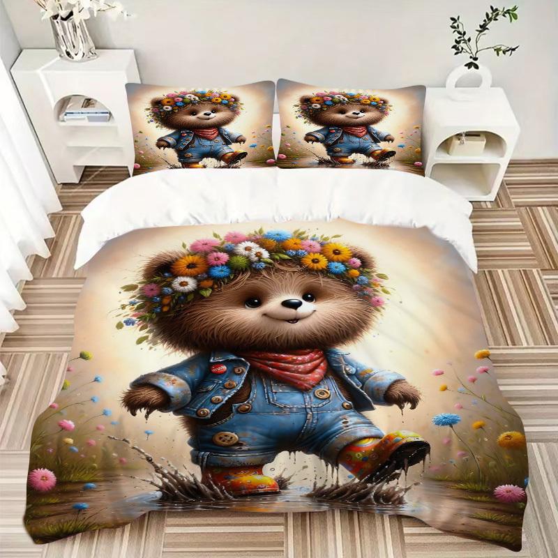 3pcs Anime Bear Floral Crown Bedding Set - Includes One Quilt Cover and Two Pillowcases (No Core) - Home Decor, Festival Gift, Polyester Fab