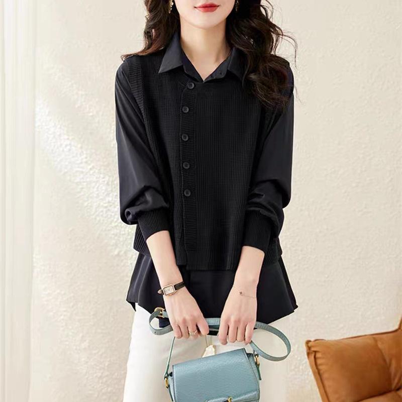 Button Decoration Vest Knit Patchwork Shirt Women Long Sleeve Loose Big Size Sweater Blusas Autumn