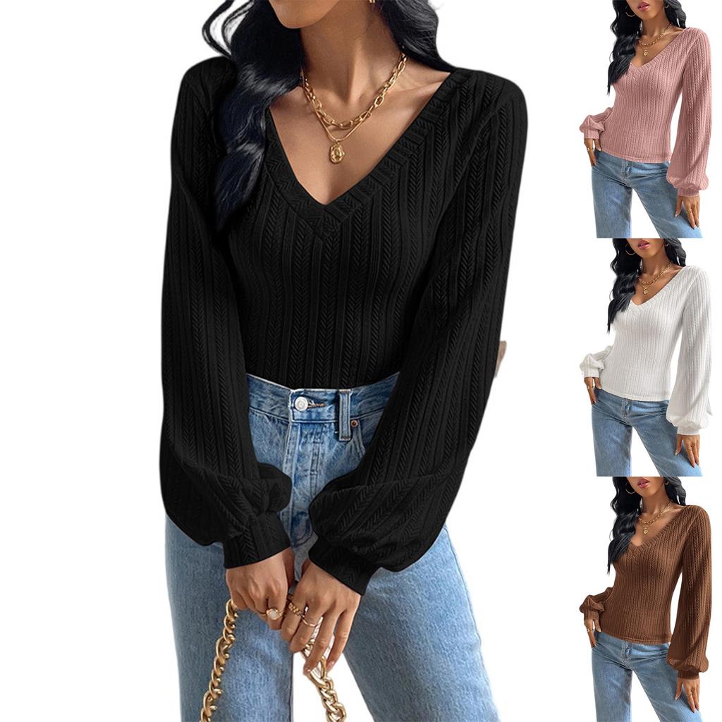 Ladies Casual Fashion V-Neck Puff Sleeve Cable Knit Long Sleeve Top