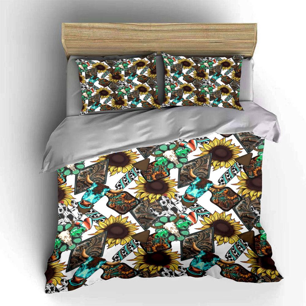 3Pcs Boho Western Bedding Set, Sunflower And Cow Skull With Turquoise Print Duvet Cover, Cozy Farmhouse Bedroom Decor