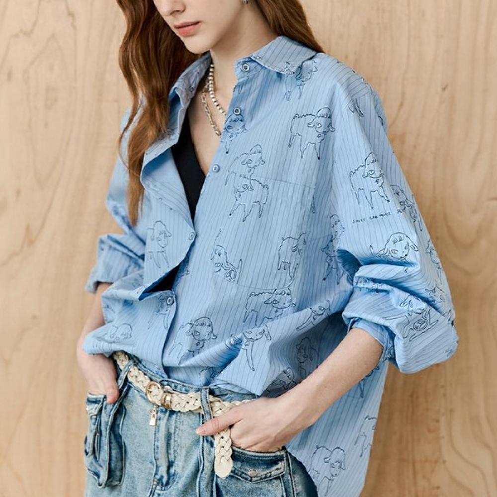 

Maxza Lamb Illustration Stripe Loose Fit Shirt Blouse Zd05qb001on Blue/FREE