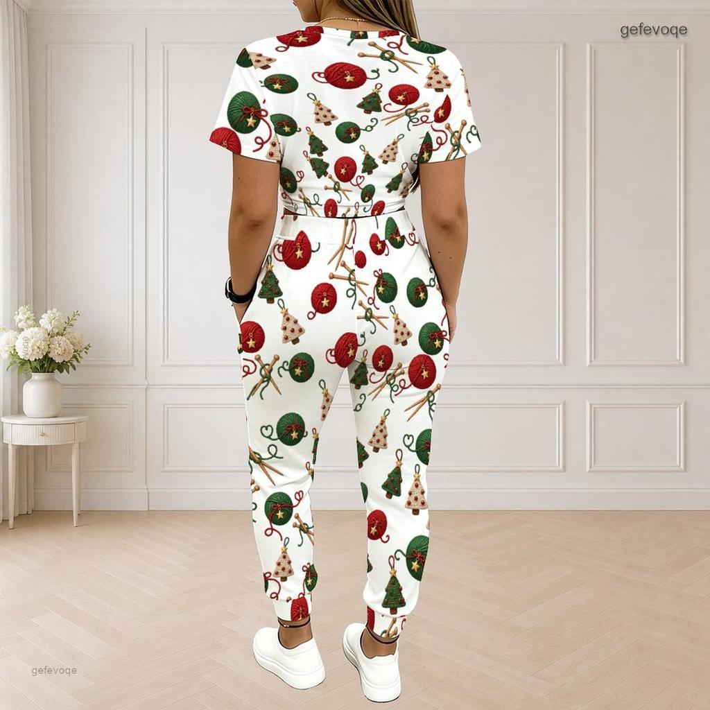 Women Plus Size Two Piece Set Round Neck Short Sleeve Ghost Printed White Crop Top Drawstring Cuffed Pants
